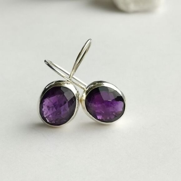 Modernist sterling silver checkerboard cut Amethyst drop earrings 🆕 - Picture 7 of 7